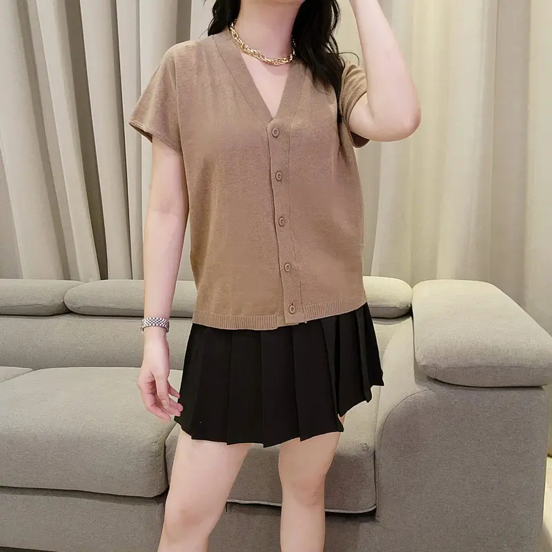 [Mikicloth] Astrid Basic Button V Knit Oversize Top | Atasan Wanita Kekinian Korean Style Rajut Blouse Motif Polos Kancing 1