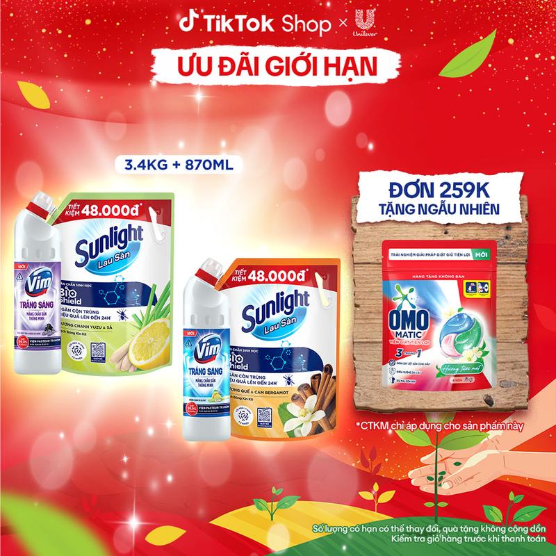  COMBO TRẮNG SẠCH THƠM NHÀ | Nước lau sàn Sunlight Bioshield Túi 3.4 KG | Gel Tẩy Rửa Vim Trắng Sáng Chai 870ml  1  