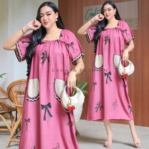 Dress Fuji Motif Pita Warna Kekinian Bahan Rayon Terbaru Daster Busui Karet Wanita Pendek Midi