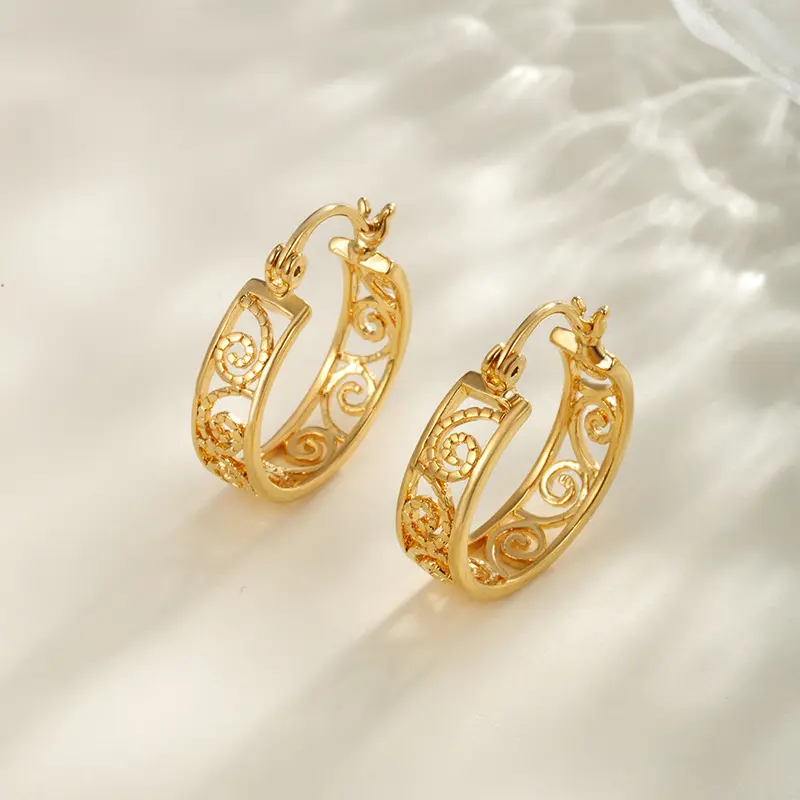 Imitation Gold Carved Hollow Design, Stylish Hoop Earrings