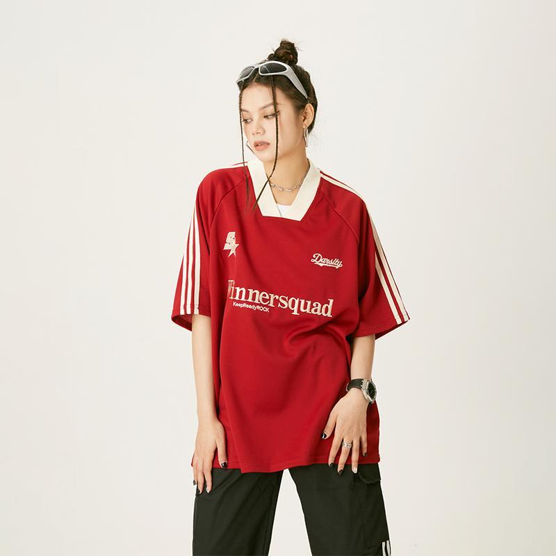 Product Introduction of Summer Heavy Embroidery American Retro V-neck Sports Casual Red Jersey Korean Short Sleeve Women's High Street Loose Couple T-shirt Fashion Brand Ins New Half Sleeve Men's Racing Clothes Top Black Basketball Shirt 16