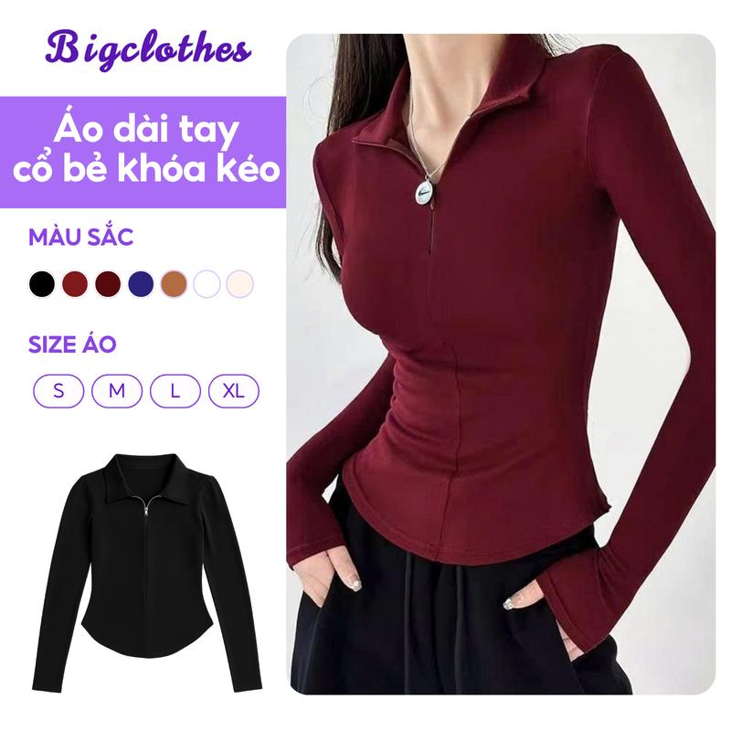 [DEAL MỞ BÁN] Áo Thun Nữ Dài Tay Cổ Bẻ BigClothes, Áo Thu Đông Khóa Kéo Vạt Bầu Năng Động D18