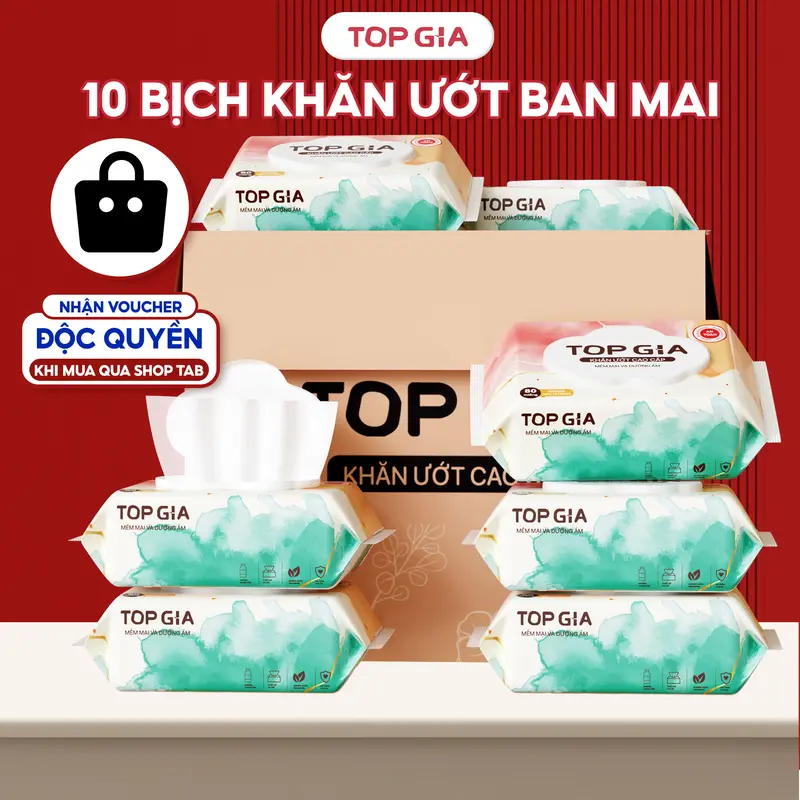 (ĐA KHO) Thùng 10 Bịch Khăn Ướt Ban Mai TOPGIA 80 Tờ Cao Cấp, Mềm Mịn, An Toàn Cho Mọi Làn Da Cho Bé