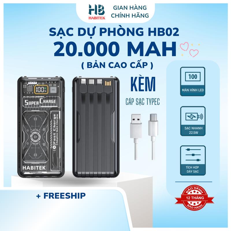 [Sạc Siêu Nhanh] Sạc Dự Phòng HB 02 20.000MAH, Sạc Nhanh PD 100W/20W,Thiết Kế Hiện Đại, Có Đồng Hồ Hiển Thị %Pin,  Có Đèn led, Bảo Hành 12 Tháng Sạc Pin