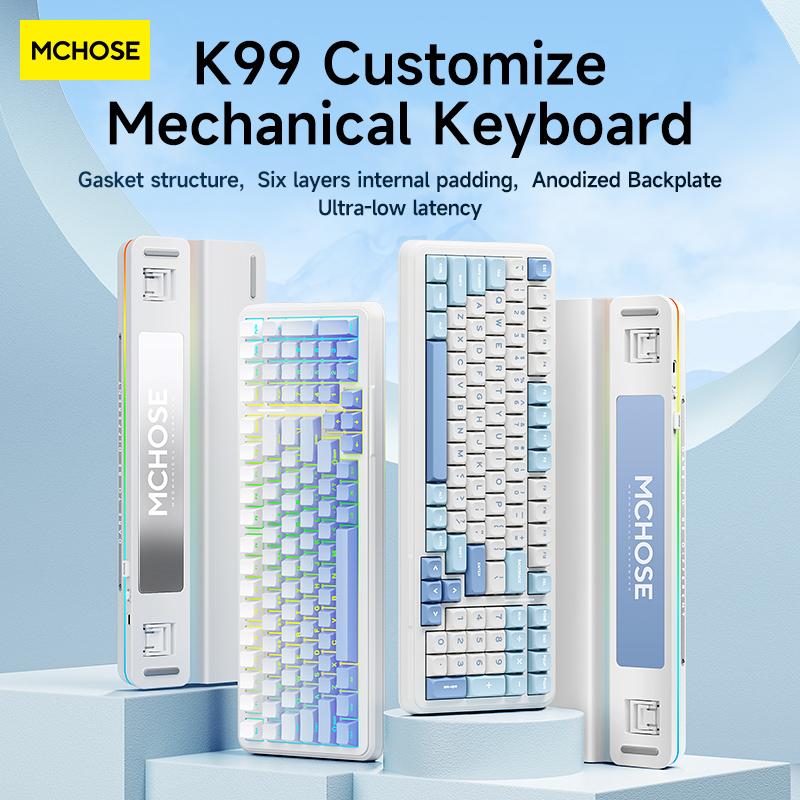 Bàn phím cơ không dây, MCHOSE K99, Bố trí 95%, Dongle Bluetooth, Ba chế độ có dây, Đèn nền RGB Led, Công tắc có thể thay thế và chữ cái đệm, Cấu trúc đệm, Độ trễ thấp, Bàn phím cơ kem, Dành cho PC / MAC
