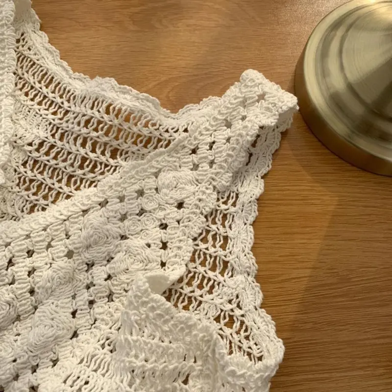 Áo Ba Lỗ Croptop Đan Áo Ba Lỗ, Thiết Kế Rỗng Phong Cách Cổ Điển, Dệt Kim Đi Biển, Cài Cúc, Áo Cardigan, Không Tay, Vải Sang Trọng Và Thường Ngày, Dành Cho Nữ 8