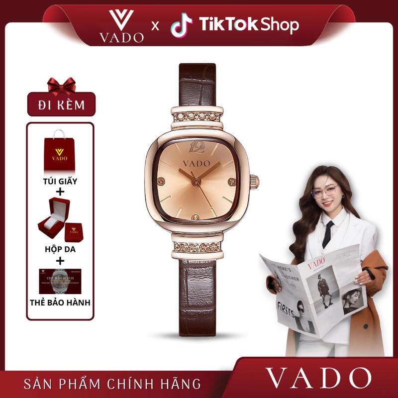 [LIVE - 330V] VADO Đồng Hồ Nữ Mặt Vuông, Dây Thật, Mặt Đính Đá Sang Chảnh - DH330 VADO