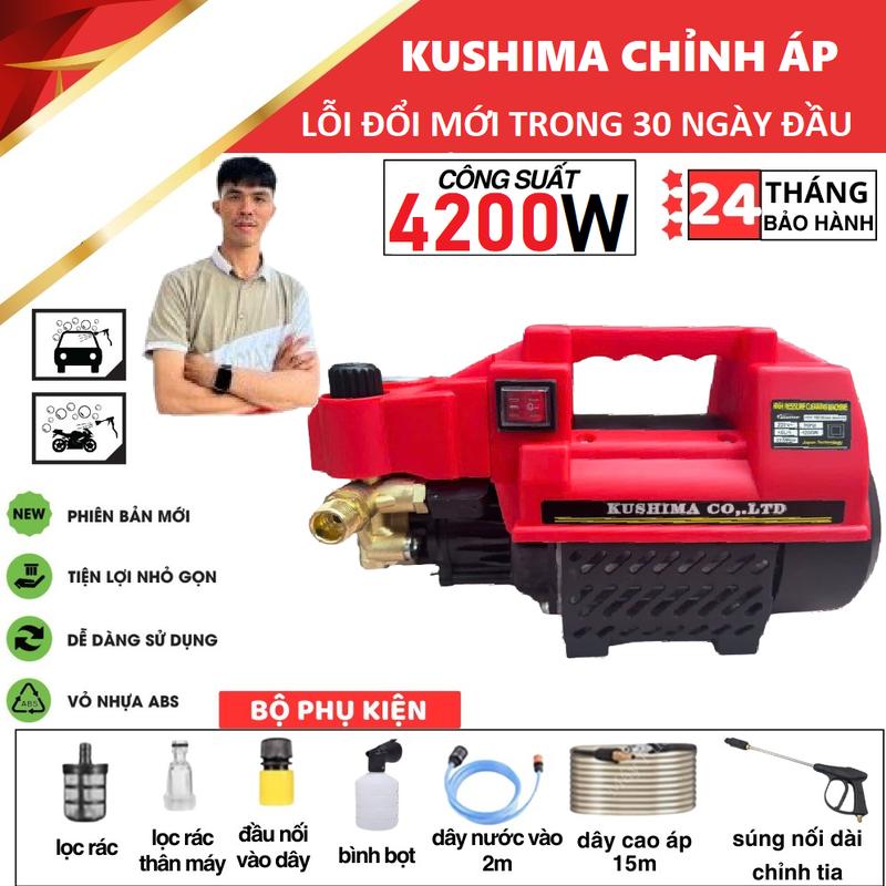 [ BH 24 THÁNG ] Máy rửa xe cao áp KUSHIMA có chỉnh áp 4200W - Có áp chống giật - Chống cháy máy  rửa xe
