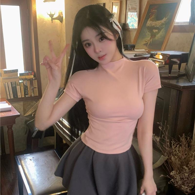 Kaus Kerah Tinggi Berusuk Coklat Muda Retro Kaus Pendek Ketat Modis Gaya Korea Atasan Wanita Baru Baju Jersey 7