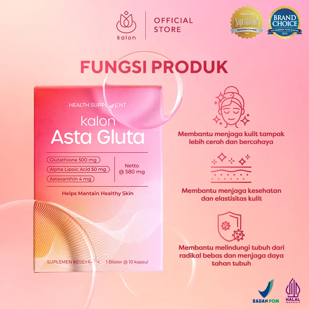 Kalon Asta Gluta | L-Glutathione 500mg + Astaxanthin 4mg + ALA 50mg |  Suplemen Kulit Cerah Glowing & Antioksidan BPOM | Suplement Whitening  Capsule | Whitening Booster Suplemen Kecantikan - Shop