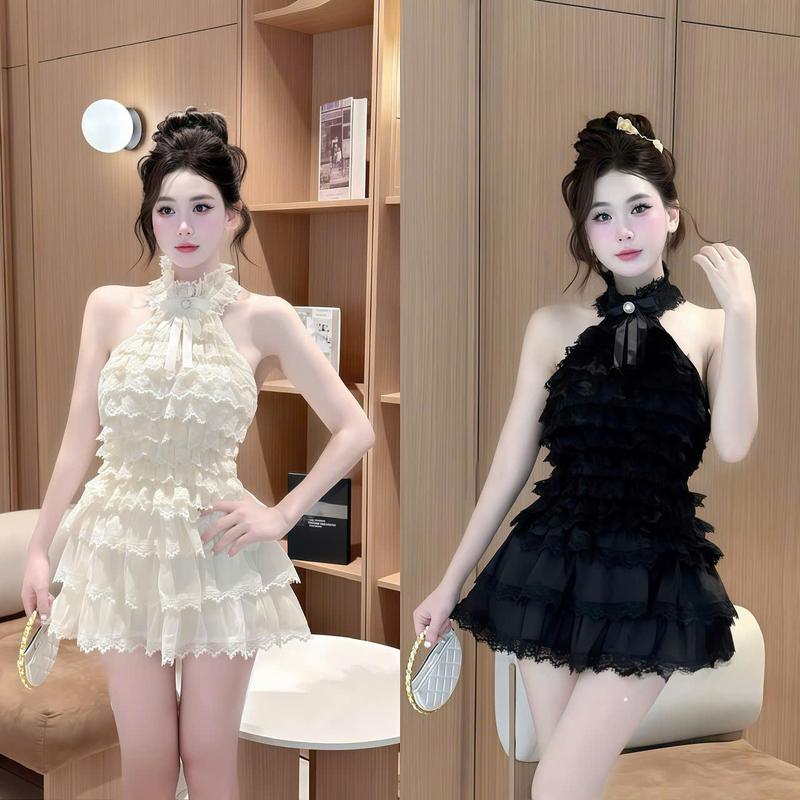 Đầm váy nữ tiểu thư cổ yếm bèo ren tầng đsinh phụ kiện sang chảnh xinh xắn tôn dáng phù hợp cho các nàng diện đi tiệc đi chơi