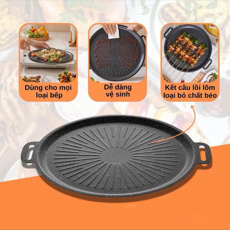 Chảo Nướng Đá Chống Dính Không Dầu Hàn Quốc Size 34cm Chảo Nướng Thịt BBQ Dễ Vệ Sinh An Toàn Cho Mọi Loại Bếp