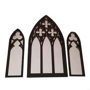 J0MC 3Pcs Gothic Mirrors Wall Decors Vintage Arched Cathedral Window Mirror Framed Wall Mounted Mirror for Living Room