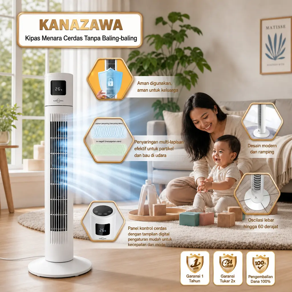 [KANAZAWA]Kipas angin tanpa bilah tipe menara dengan remote control, sensor suhu, swing 120°, layar LED, pendinginan diam 45W, 3 kecepatan angin, kombinasi pemurnian udara dan angin alami, aman untuk bayi, cocok untuk kamar tidur rumah tangga