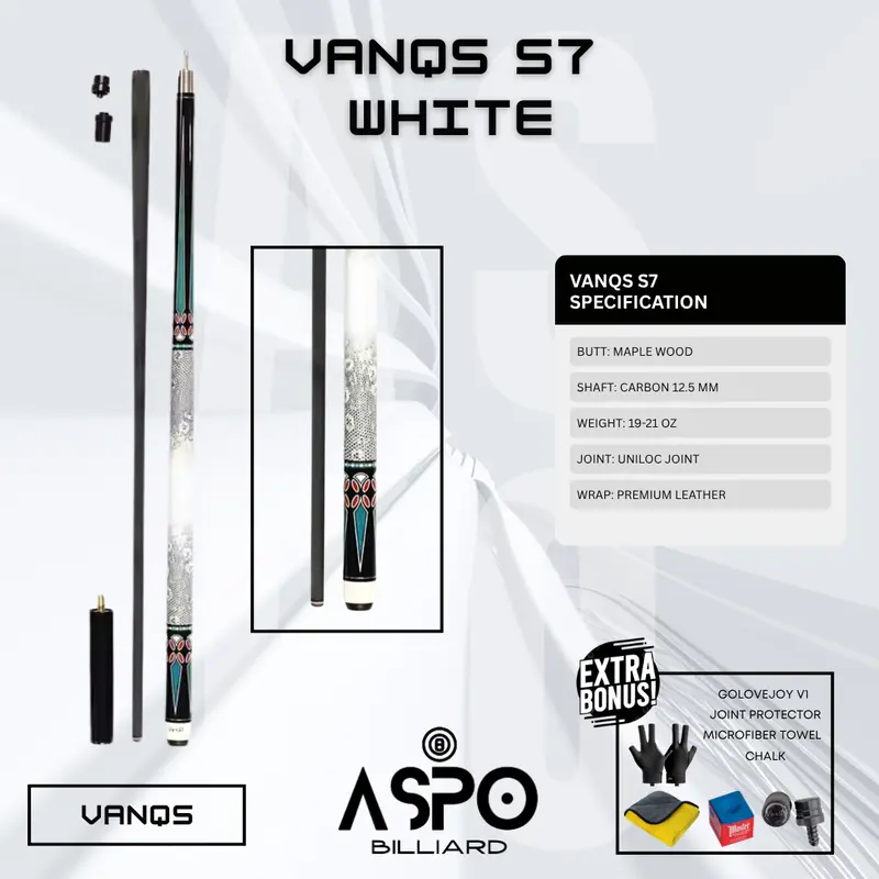 Stik Biliard Carbon VanQS S7  S9 Tip Rainbow 12.5mm Joint Uniloc Grip Kulit Premium Shaft Serat Karbon Defleksi Rendah Panjang 58 Inch Bonus Chalk Handuk Microfiber Sarung Tangan Golovejoy V1 Joint Protector Free Extension Ball 3