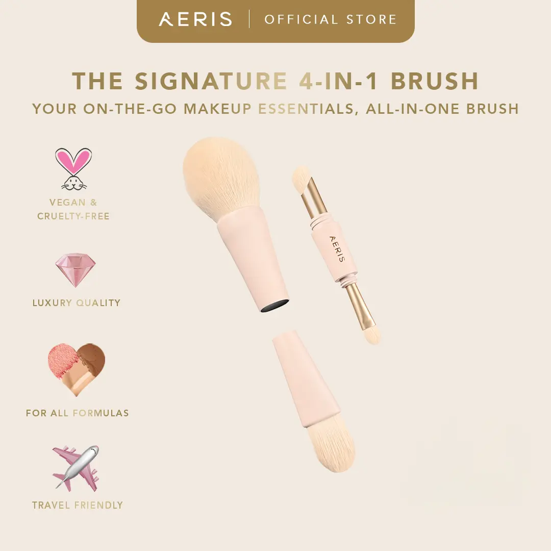 Aeris Beauté The Signature 4-In-1 Brush | Brush Make Up Lembut Premium Multifungsi 4in1 Travel Portable untuk Bedak Foundation Concealer Eyeshadow Berserta Pouch