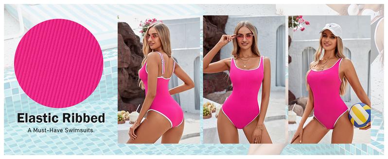 Product Introduction of Women's One Piece Swimsuit Sports Adjustable Strap Bathing Suit Color Block Ribbed High Cut Swimsuits 5