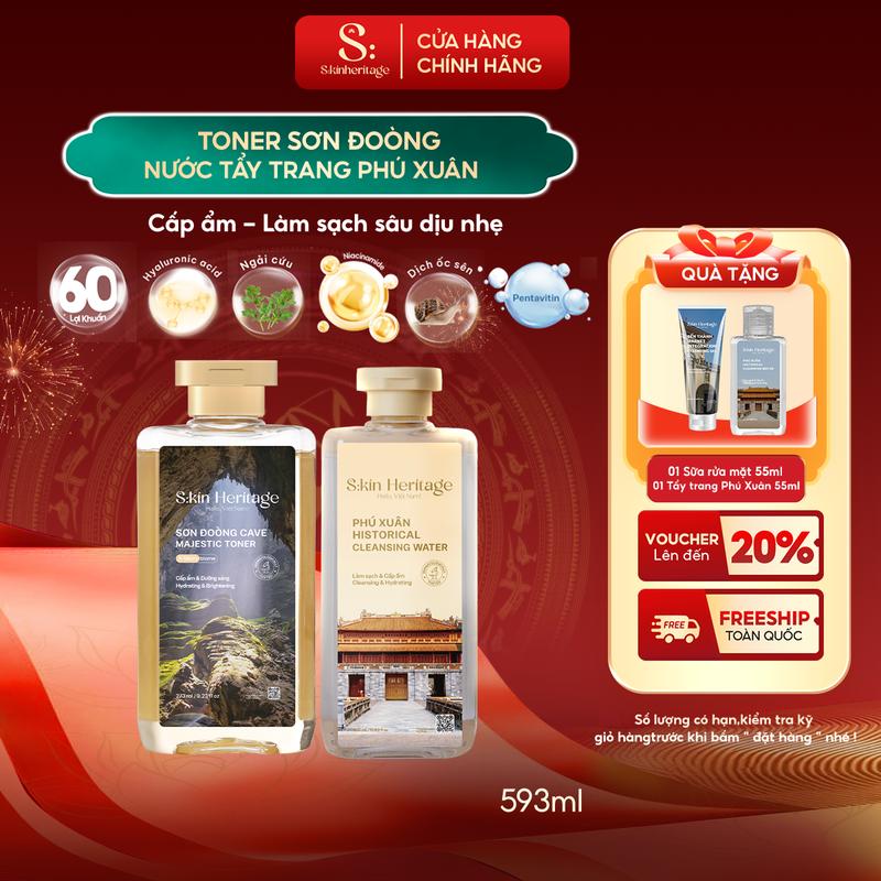 Bộ Sản Phẩm Làm Sạch Sâu Cấp Ẩm Cho Da Dầu Mụn SKIN HERITAGE Toner Sơn Đoòng 273ml & Nước tẩy trang Phú Xuân 320ml