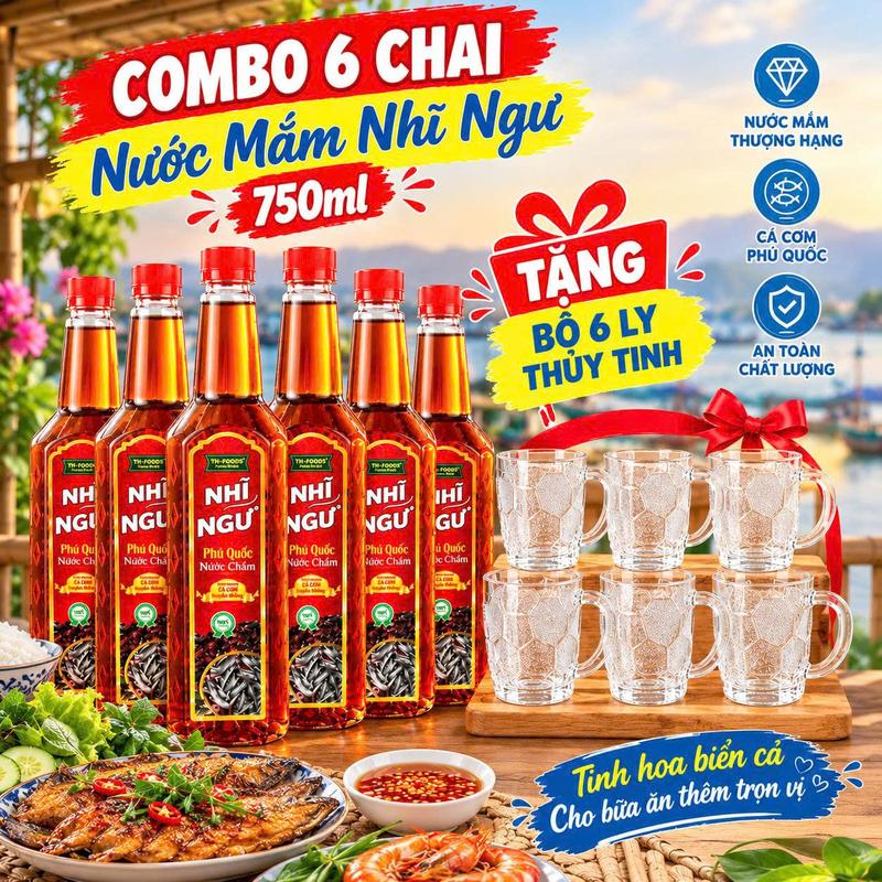 NHĨ NGƯ SÉT 6 CHAI NƯỚC MẮM 750ML TẶNG KÈM 6 BỘ 6 CÁI LU THỦY THINH CAO CẤP CHẤT LƯỢNG CAO PHÙ HỢP CHO ẨM THỰC HÀNG NGÀY
