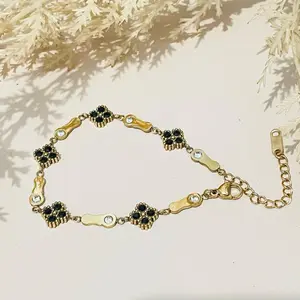 DNJ - Gelang Permata Bunga Hitam Gold Titanium (Anti Karat)