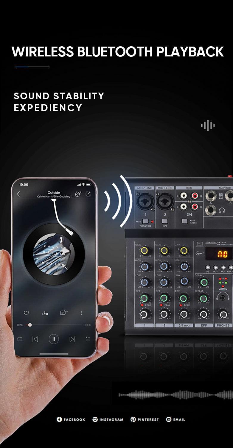 Product Introduction of LX01 4 kênh, chuyên nghiệp, nhỏ, bluetooth, máy trộn, với hiệu ứng âm vang, sử dụng tại nhà, karaoke, sân khấu, biểu diễn, đám cưới, hội nghị, bộ khuếch đại Mixer 7