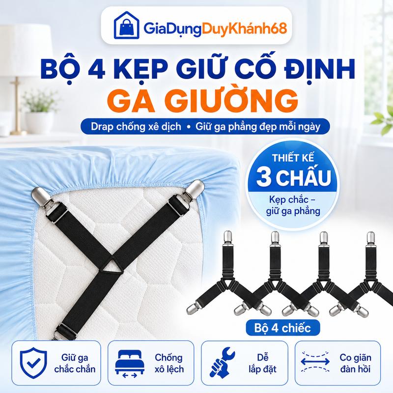 Bộ 4 Kẹp Giữ Cố Định Ga Giường Drap Chống Xê Dịch Dây Kẹp Chăn Ga Nệm Co Giãn Chắc Chắn.