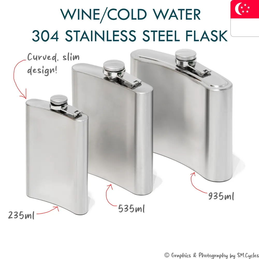 [NEW LISTING] 235/535/935ml 304 Stainless Steel Cold/Lukewarm Water/Wine Flask Flat Style Bottle [SG STOCK]