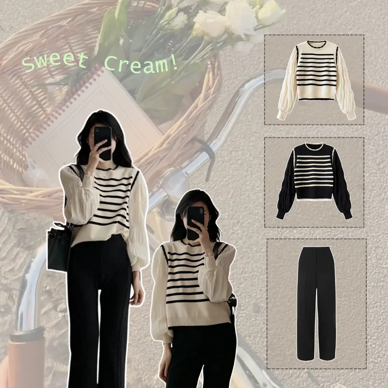 One Set setelan Wanita Korean Style 2 In 1 Sweater Stripe Black and White Aestatic Kekinian Pinters - Set T025 0