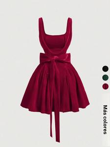 Vestido casual de mujer en color sólido línea A para boda de Navidad, sin mangas con escote cuadrado y espalda descubierta con diseño de mariposa, vestido mini burbuja, ropa para damas para todas las estaciones