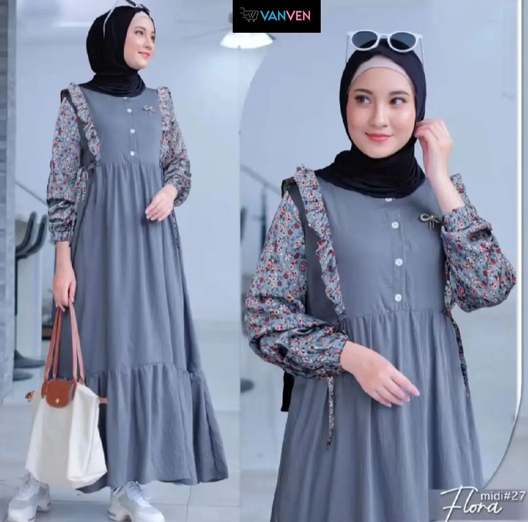 VANVEN - Flora Midi Dress Wanita Muslim Motif Bunga Bahan Rayon Twill Model Kancing Busui Lengan Karet Panjang Gamis