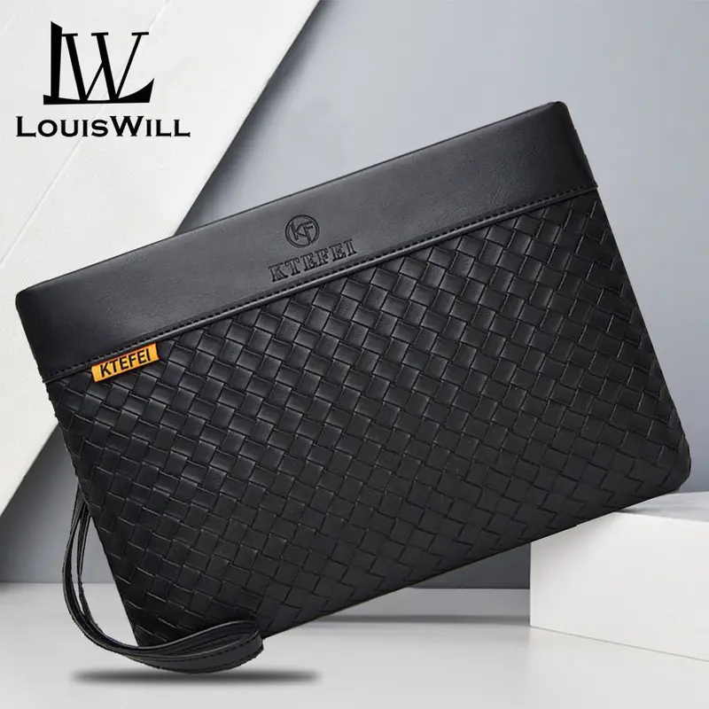 Ví Cầm Tay Nam, LouisWill, Ví Thời Trang, Ví Dài, Ví Đựng Thẻ, Túi Xách Da PU Dệt, Túi Công Sở, Dung Lượng Lớn, Ngăn Đựng Thẻ, ví đựng tiền Xu, Túi Đựng Tiền Có Khóa Kéo 0