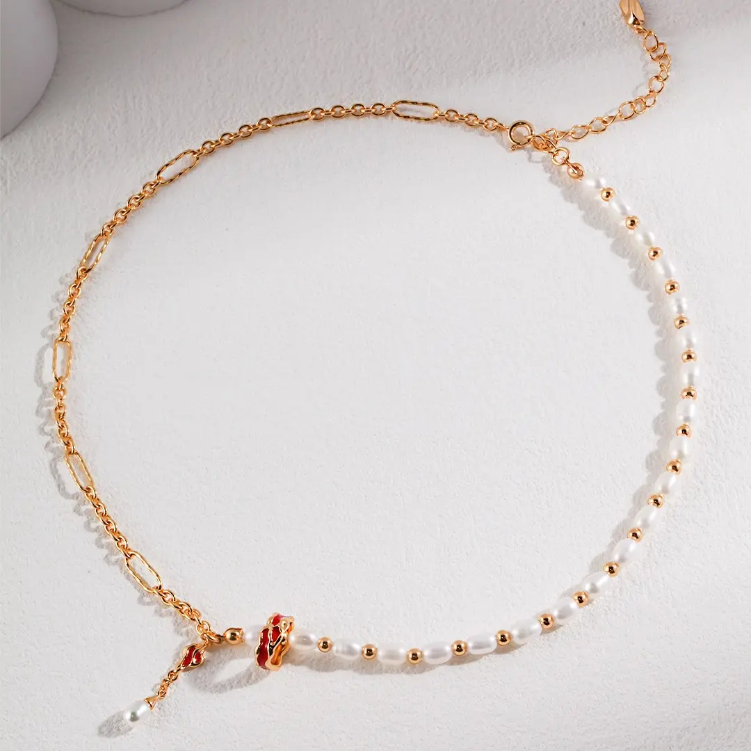 Pearl & Gold - Tone Chain Choker, Exquisite Design for Women, Fashion Jewelry, Unique Red - Accented larimar  necklace
