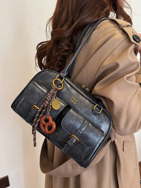 Women's Retro Solid Color PU Leather Shoulder Bag, Large Capacity Crossbody Bag with Detachable Accessory Charm, Casual Trendy Versatile High-quality Daily Commuting Bag 7