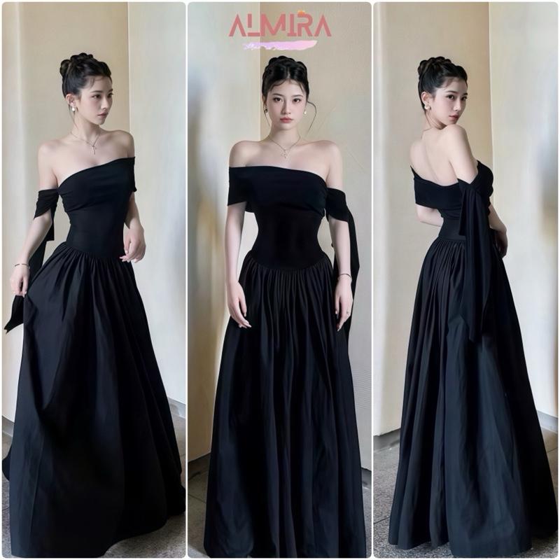  Váy Trễ Vai Màu Đen Tay Dây Thả Vai Dáng Xoè Dài Maxi Tôn Dáng  LA1  