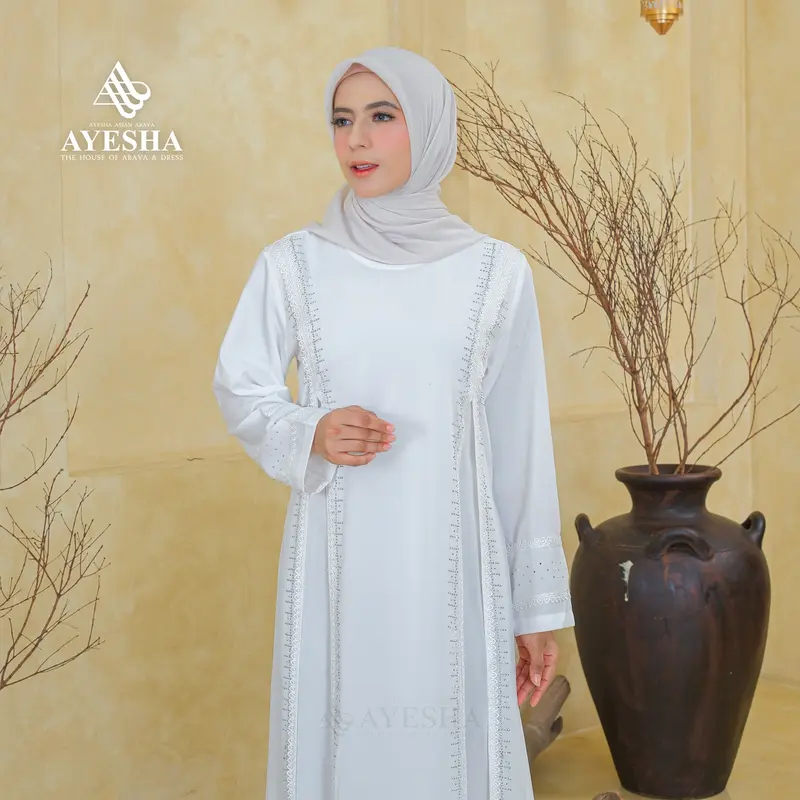 AYESHA Gamis Putih Wanita Kekinian Abaya Turkey Terbaru Mewah Elegan Premium 044 Putih 4
