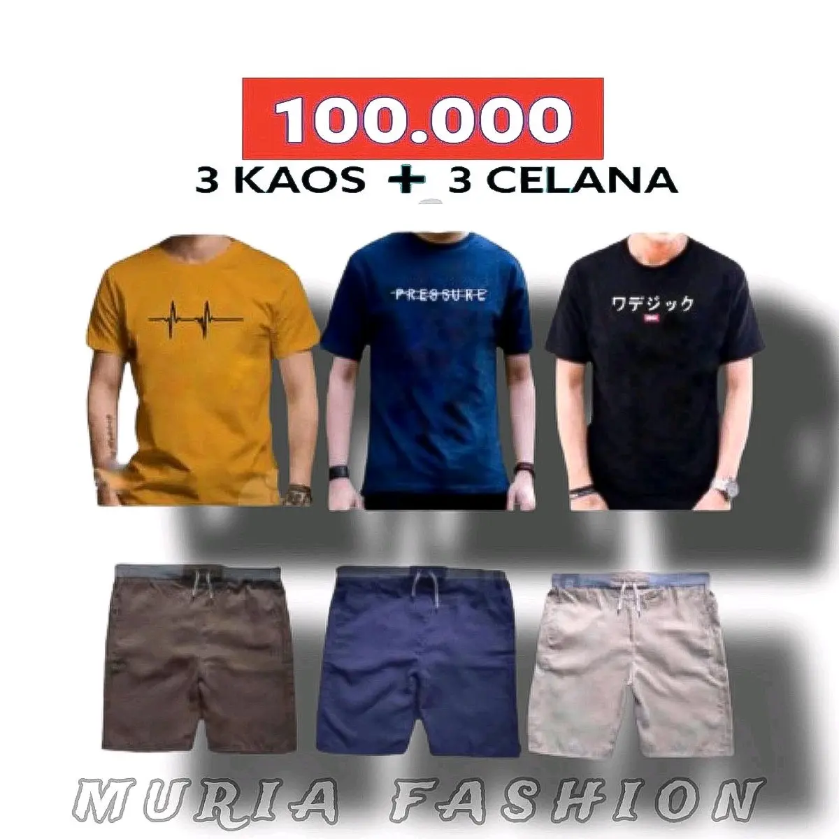 PAKET HEMAT SETELAN 3 KAOS + 3 CELANA PENDEK CHINO COWOK