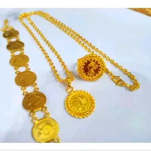 Set perhiasan dewasa model koin elegan bulat warna Gold fhasion perhiasan Aksesoris Gold Titanium anting