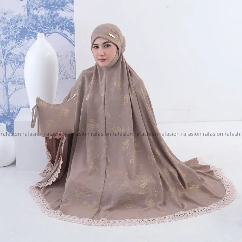 Ra Fashion - Mukena Armina Dewasa Pogy Crinkle Airflow Syar'i Penutup Dagu Motif Bunga Mewah Renda Cantik Panjang Atasan Traveling Beli Lokal Nyaman Lembut 5