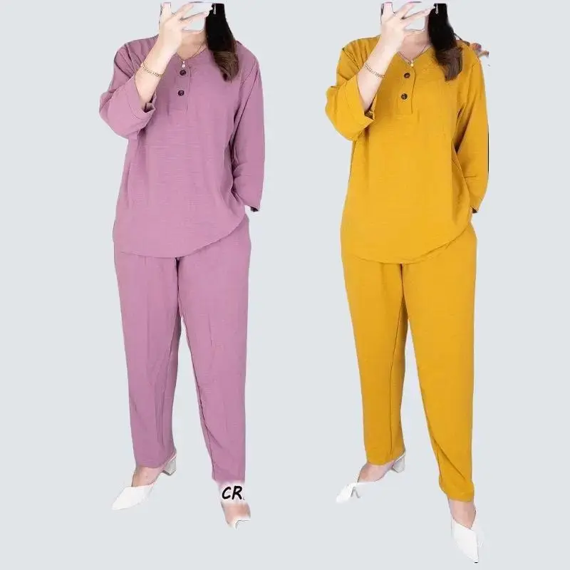 Setelan Wanita KekinianTerbaru Motif Onset Crinkle Airflow Celana Panjang Kancing PJ CLN:7/8  Oversize