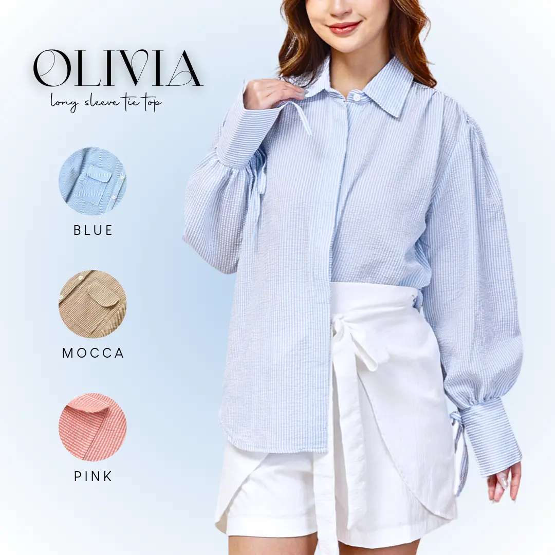 NAMARI - Olivia Top - Baju Atasan Wanita Kekinian Terbaru Lebaran Ramadhan Raya Korean Style Blouse Kemeja Pita Tali Panjang Katun Formal Polyester stripe Garis Oversize