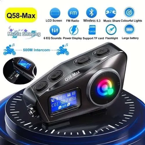 INTERCOM Q58Max HEADSET HELM BLUETOOTH 5.3 WATER RASISTANT PAIRING 2 SESAMA INTERCOM Q58Max 500M BATERAI 1000mAh BERTAHAN 25JAM Walkie Talkie Ht Earphone