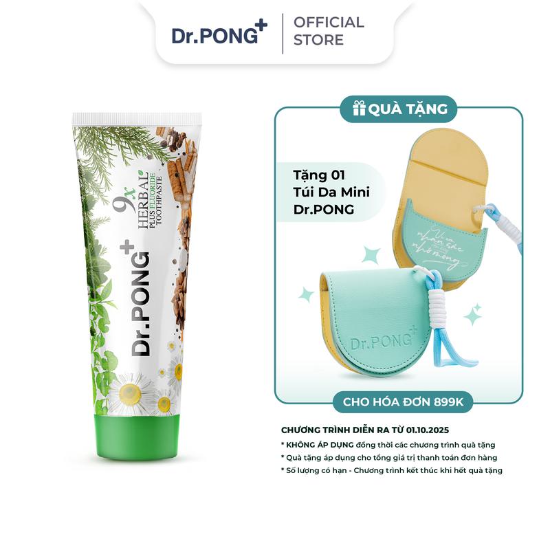 Kem đánh răng 9 loại thảo dược hỗ trợ giảm viêm lợi, giảm  hỗ trợ mùi hôi miệng Dr.PONG 9x herbal plus fluoride toothpaste 100g