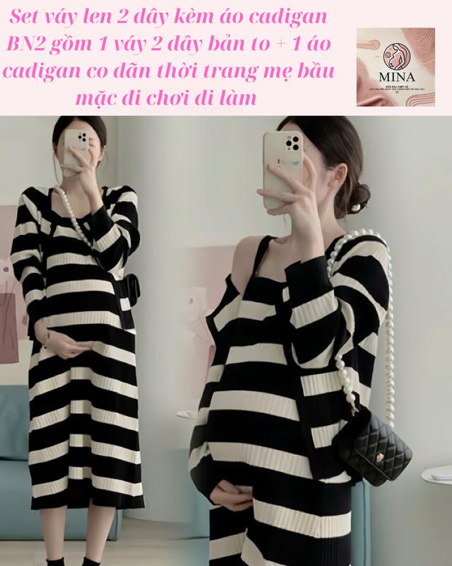 Mina clothing Set váy len 2 dây kèm áo cadigan BN2 gồm 1 váy 2 dây bản to + 1 áo cadigan co dãn thời trang mẹ bầu mặc đi chơi đi làm