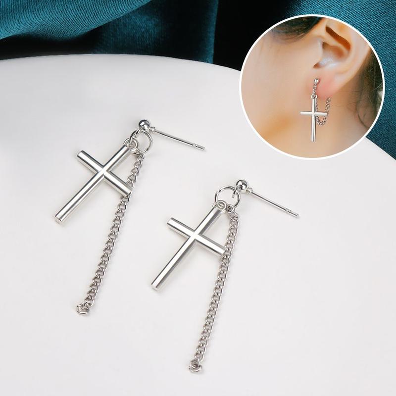 Bông Tai Dây Chuyền Chữ Thập, Đen Trông Đẹp Trai Và Siêu Ngầu, Không Cần Xỏ Lỗ, Kiểu Kẹp Tai, Bungee 7