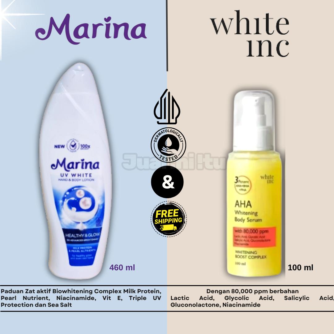 Marina Biru 460 ml & AHA Body Serum [White Inc] 100 ml Mencerahkan