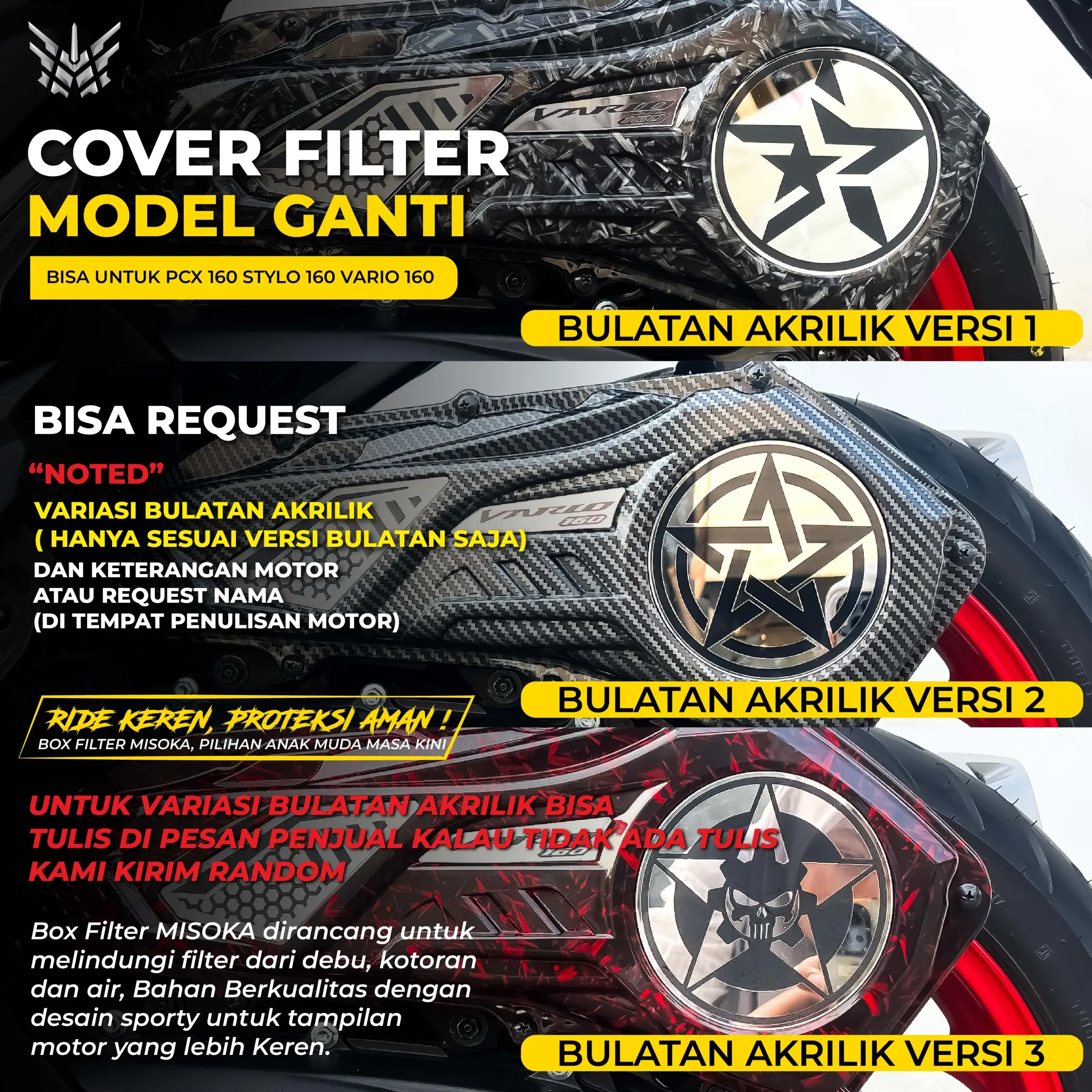 Misoka Filter Cover MODEL GANTI PCX 160,STYLO 160,VARIO 160 PNP PLASTIK ABS CARBON Motorcycle