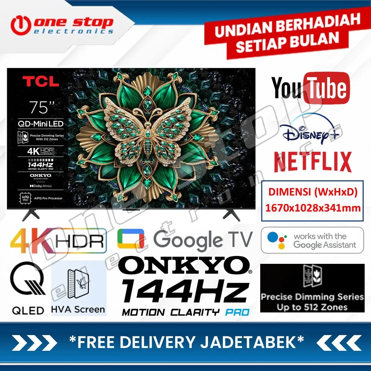 TCL 75C6K / C6K Premium QD-MiniLED 4K UHD Smart Google TV 75 Inch - 144Hz - ONKYO 2.1