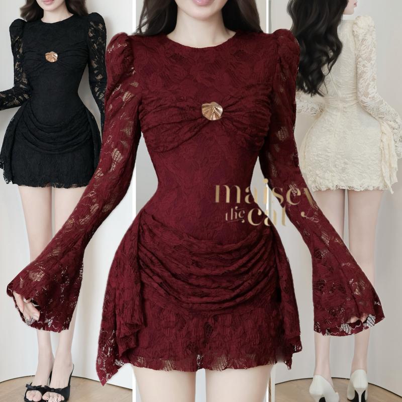   MAISEY 3002  Đầm ren ôm body tay dài loe – mặc lên sang tôn dáng quay clip siêu cuốn 