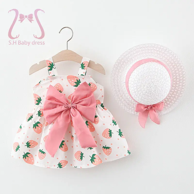 2Pcs/Set Summer Toddler Girls Dress Sweet Bow Strawberry Sleeveless Baby Clothes Suit Princess Party Children Costume 0 To 3 Y