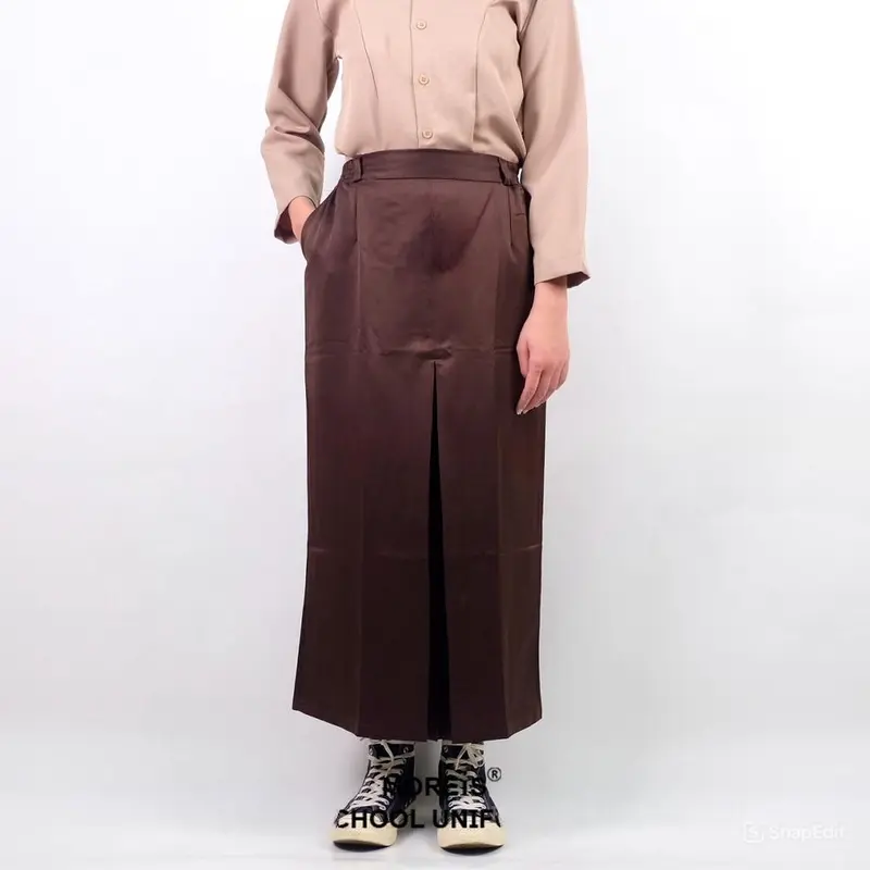 Rok Sekolah SMP/SMA/SMK Panjang Pramuka Span Coklat Wanita - Bahan Drill Mengkilap, Resleting Bagus Licin Kain Karet Hitam Kerja Formal Kantor Semi Basic 0